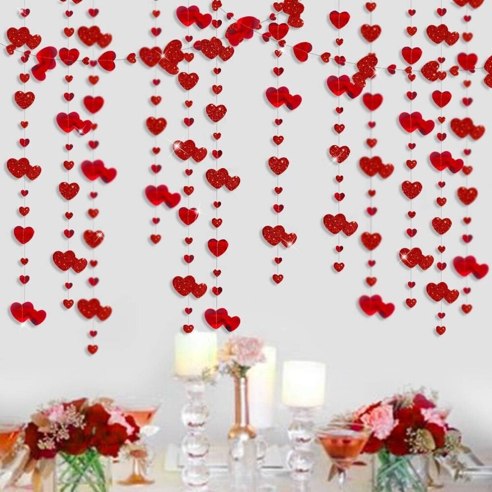 Valentines Day Party Decoration Red Heart Garland Metallic Glitter Hanging Heart